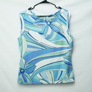 New York & Co Women Stretch Sleeveless Shirt L—Blue Green Floral Abstract Design